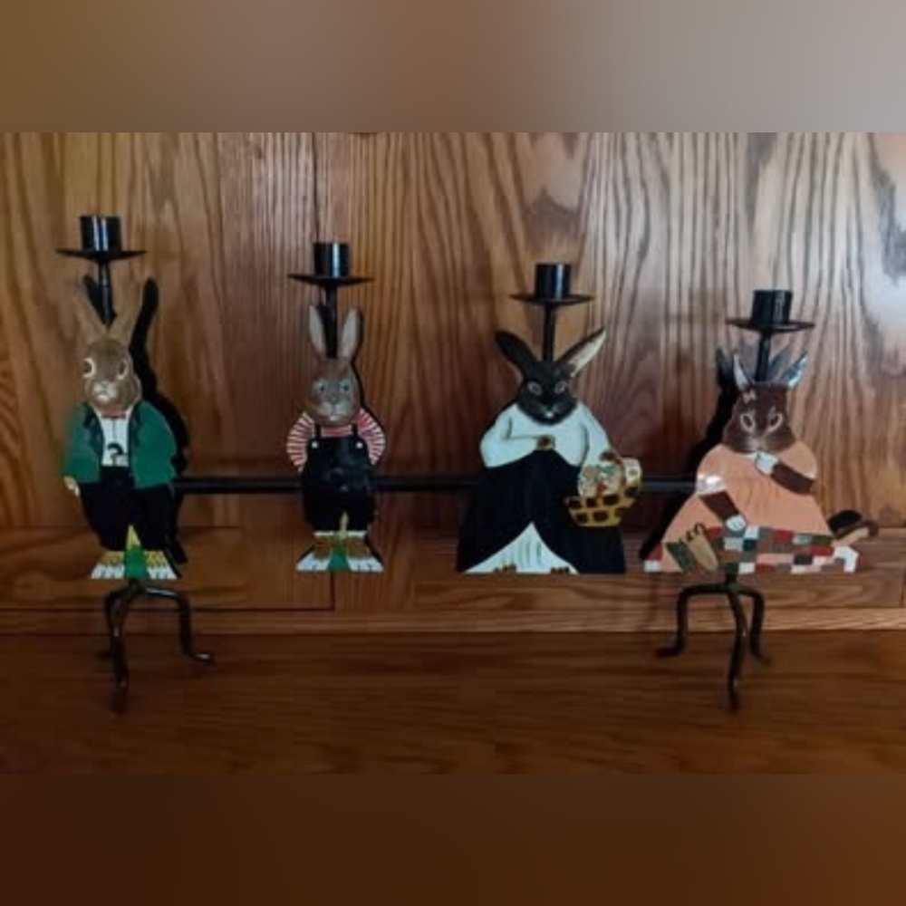 Vintage Hand Painted Folk Art Metal Bunny Candlestick Holders Candelabra
